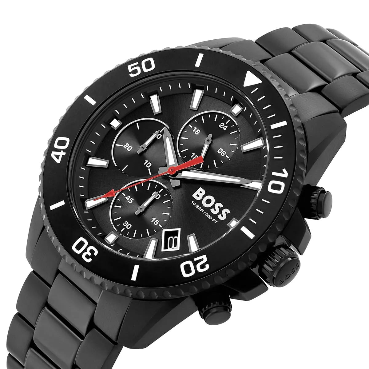 Hugo Boss Admiral chronograph angled view showing black dial with three subdials and black steel bracelet