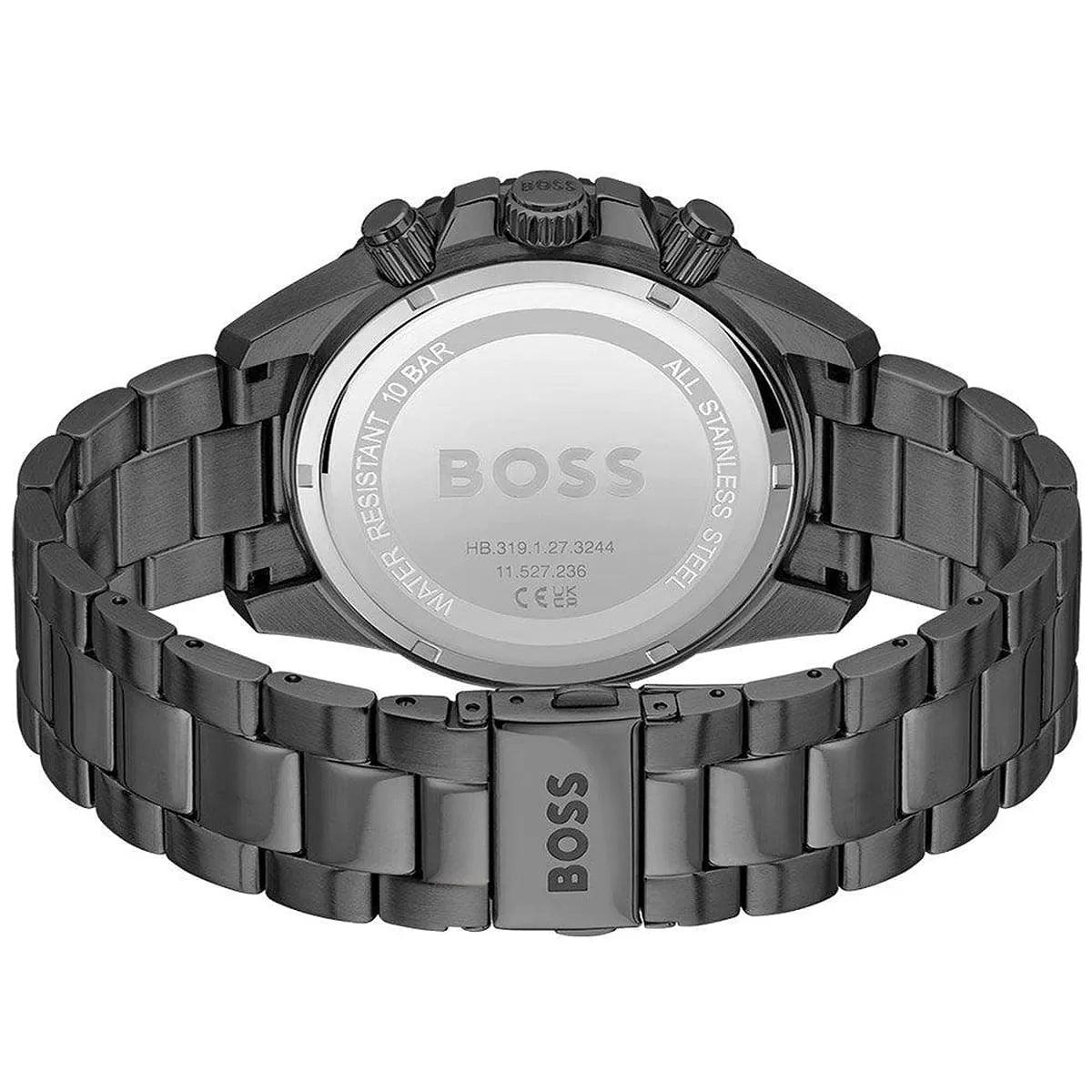Hugo Boss Admiral watch caseback showing stainless steel with engraved BOSS logo and specifications