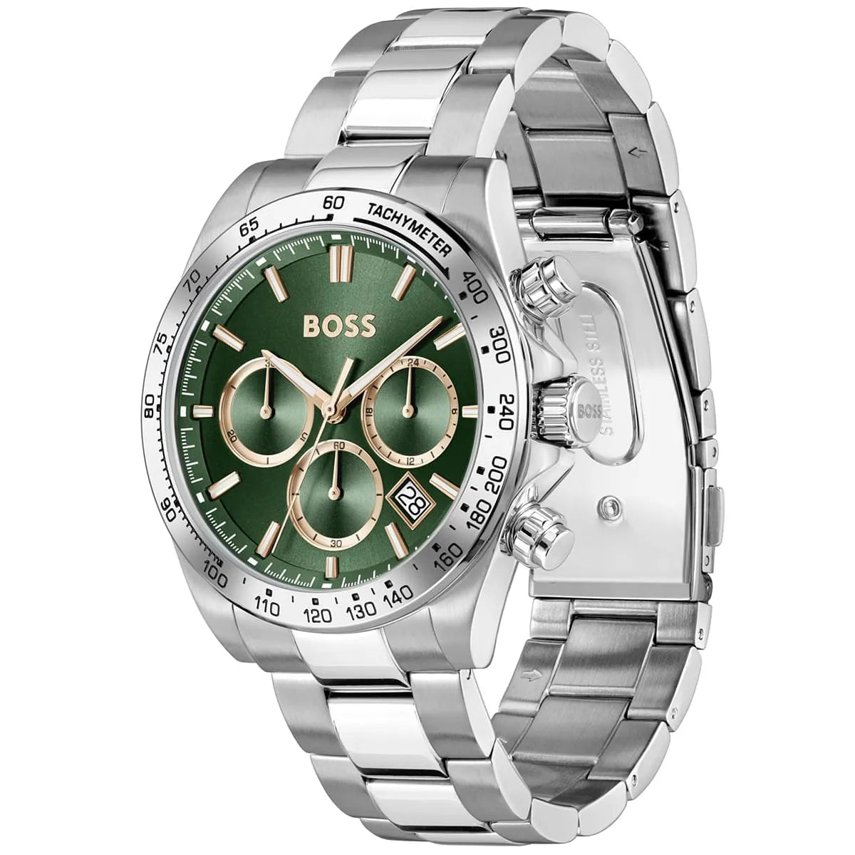 Hugo Boss chronograph watch three-quarter view showing green dial, rose gold subdials, and stainless steel case