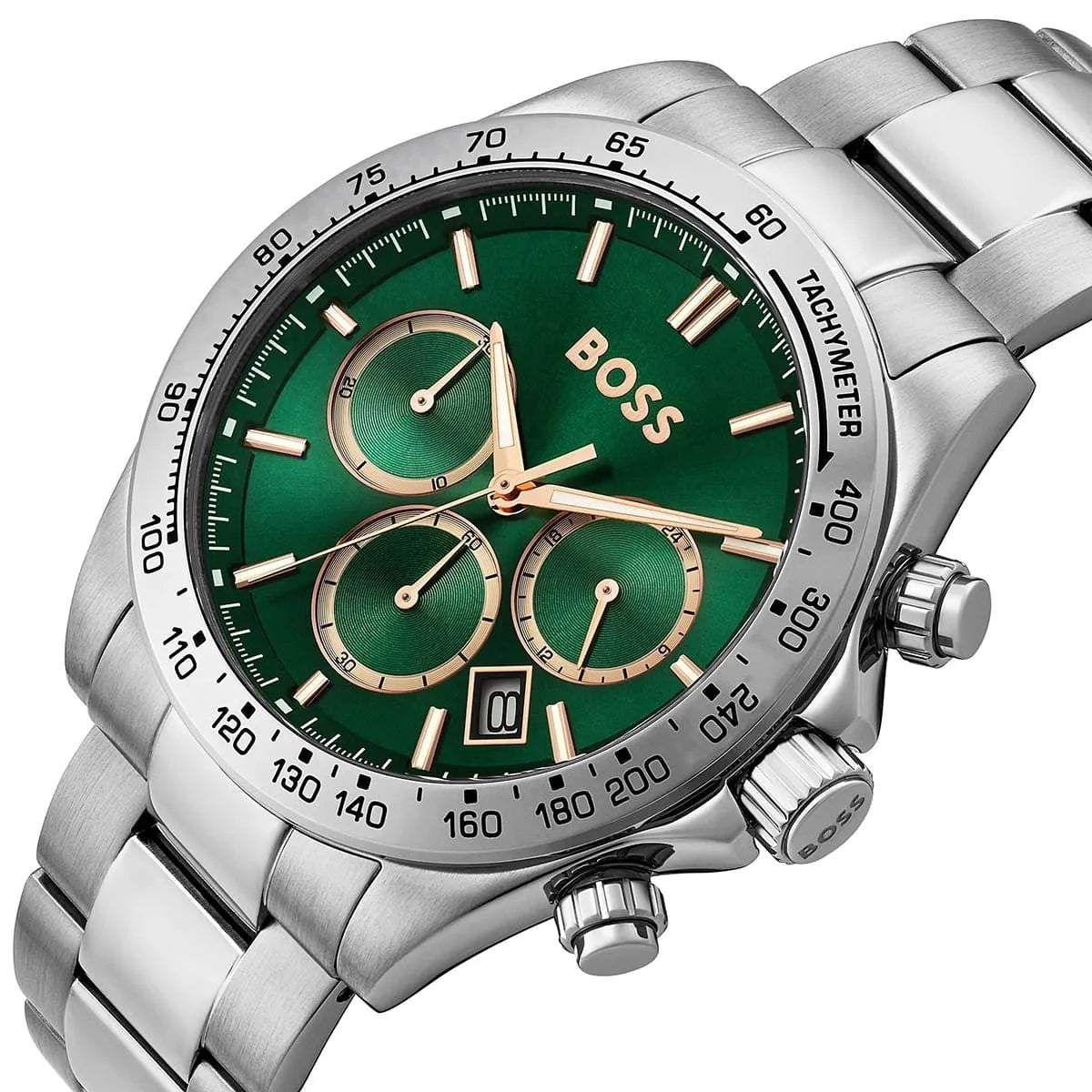 Hugo Boss green dial detail showing rose gold chronograph subdials, hour markers, and tachymeter scale