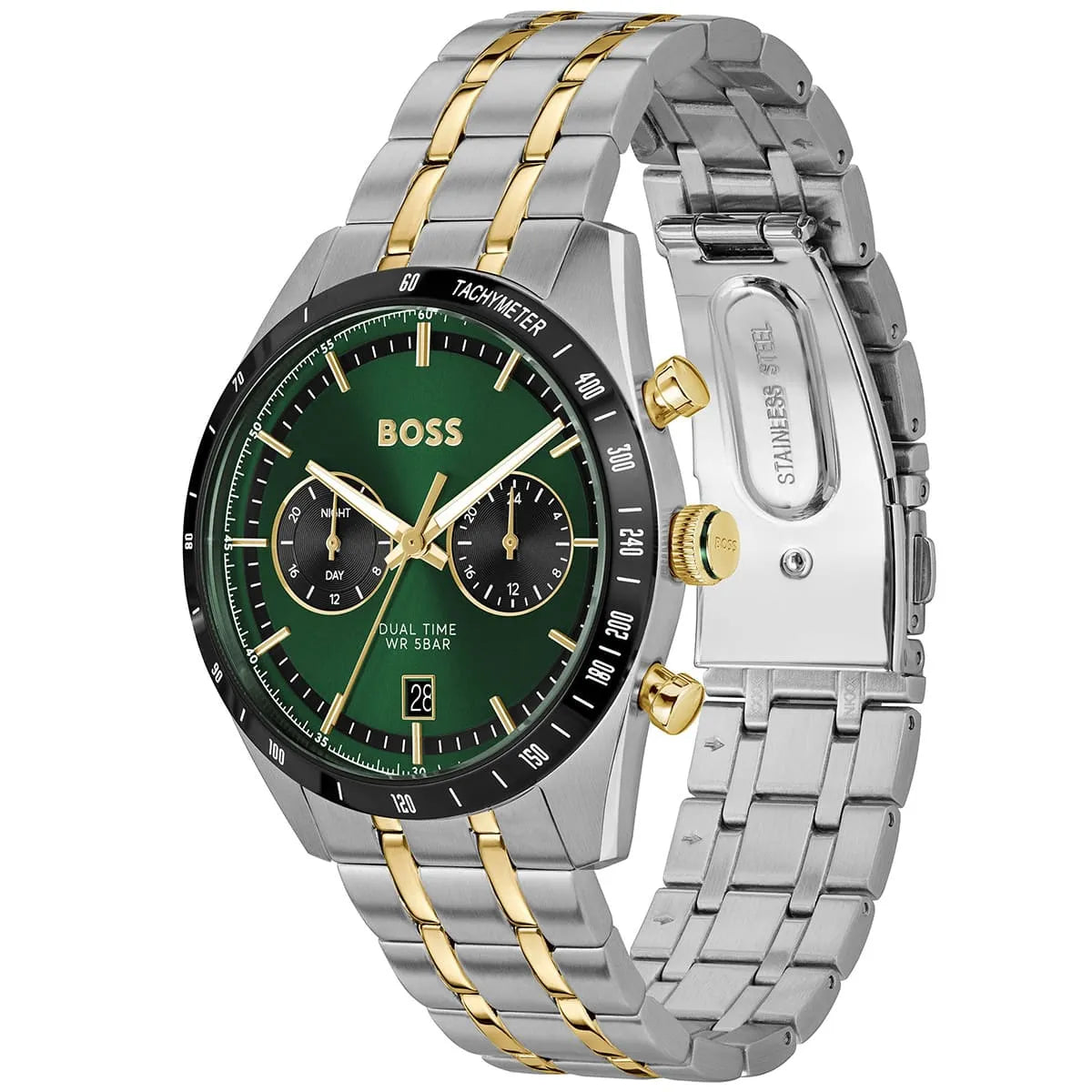 Hugo Boss Tourmaster watch angle view showing green chronograph dial and two-tone metal bracelet