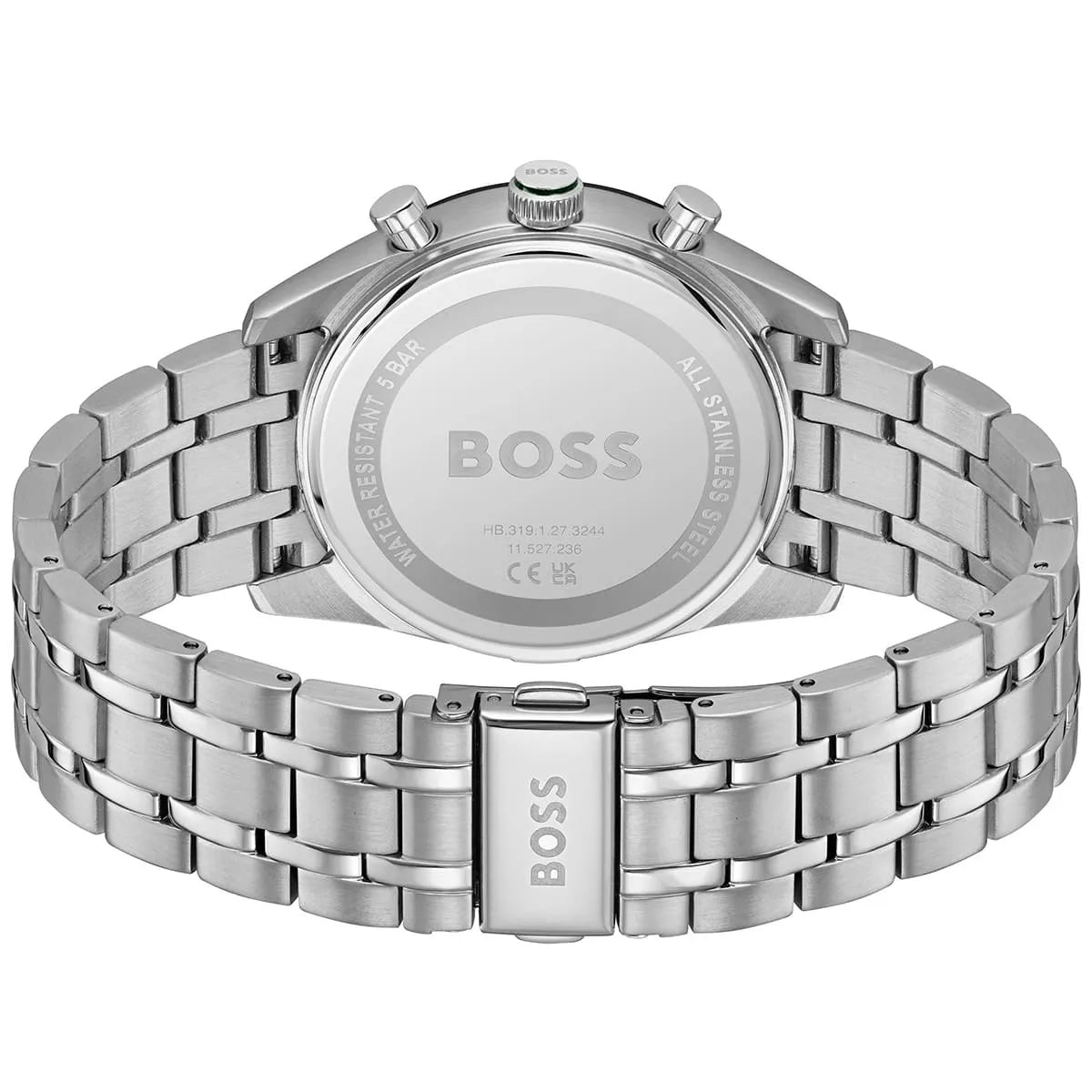 Hugo Boss Tourmaster watch caseback showing stainless steel case and bracelet detail