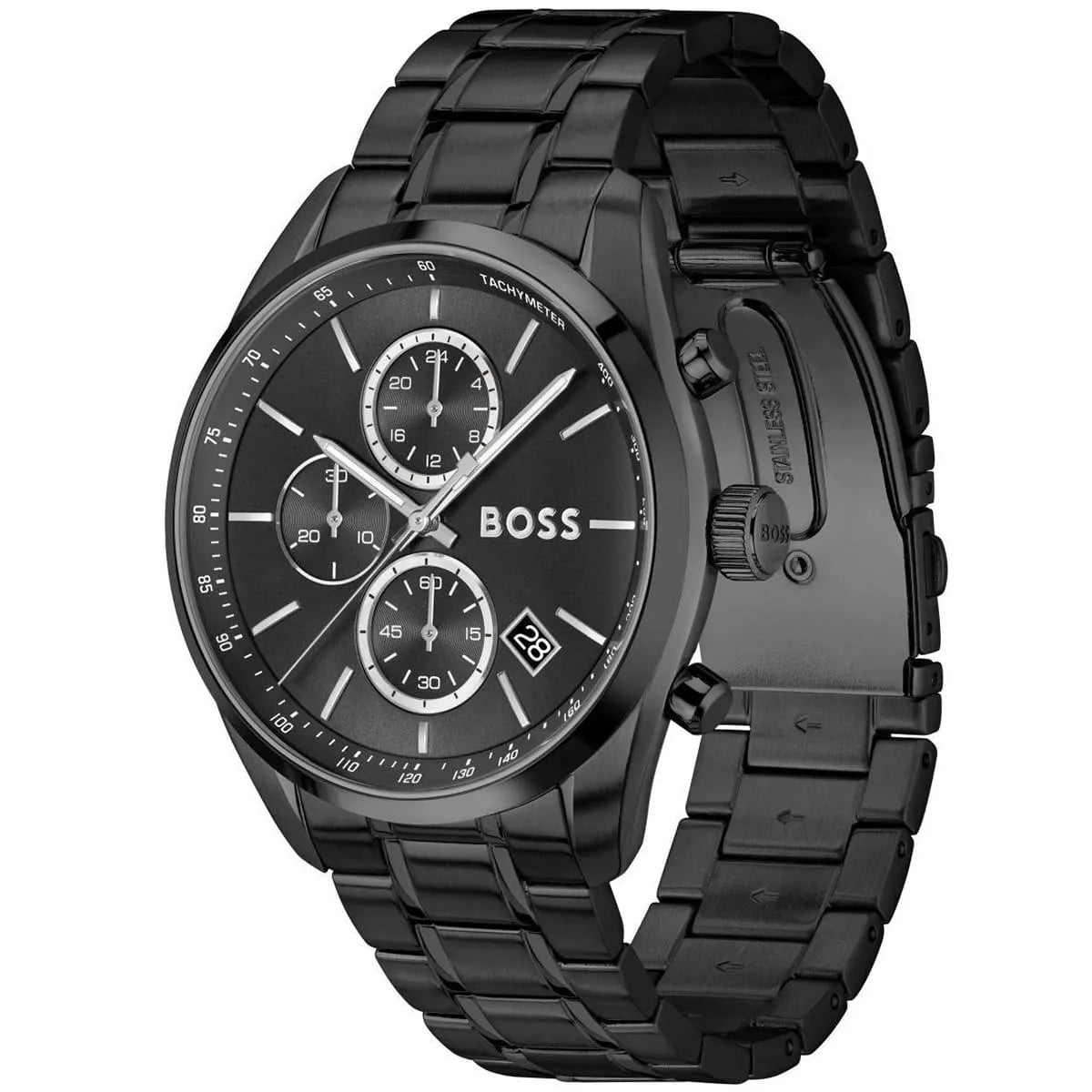 Hugo Boss Grand Prix 44 chronograph watch shown from angled front-side view