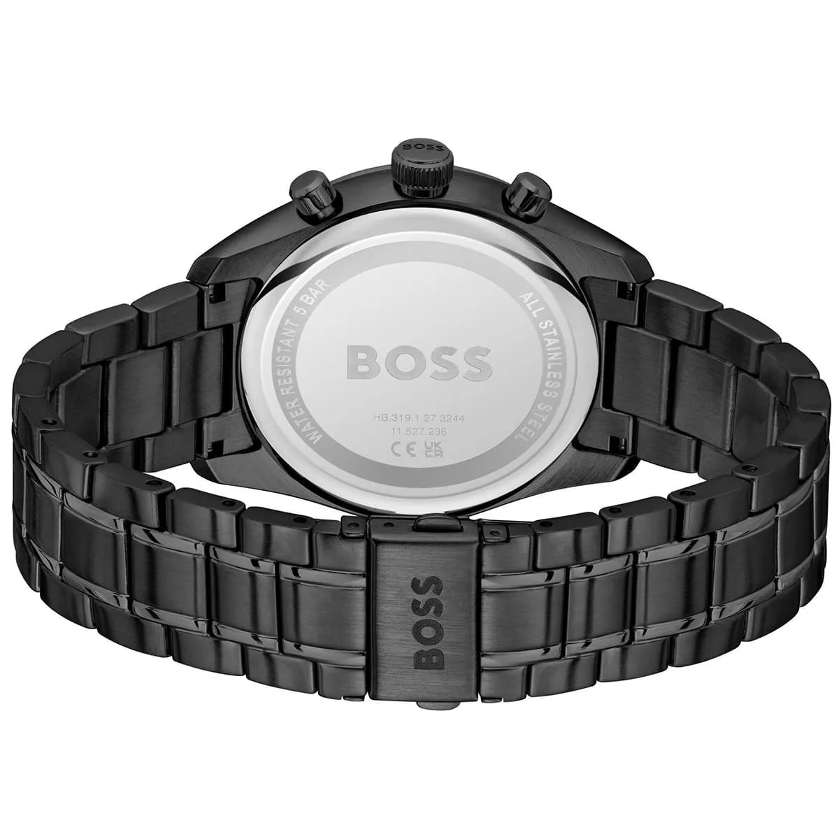 Hugo Boss Grand Prix 44 watch caseback showing metal strap and BOSS branding