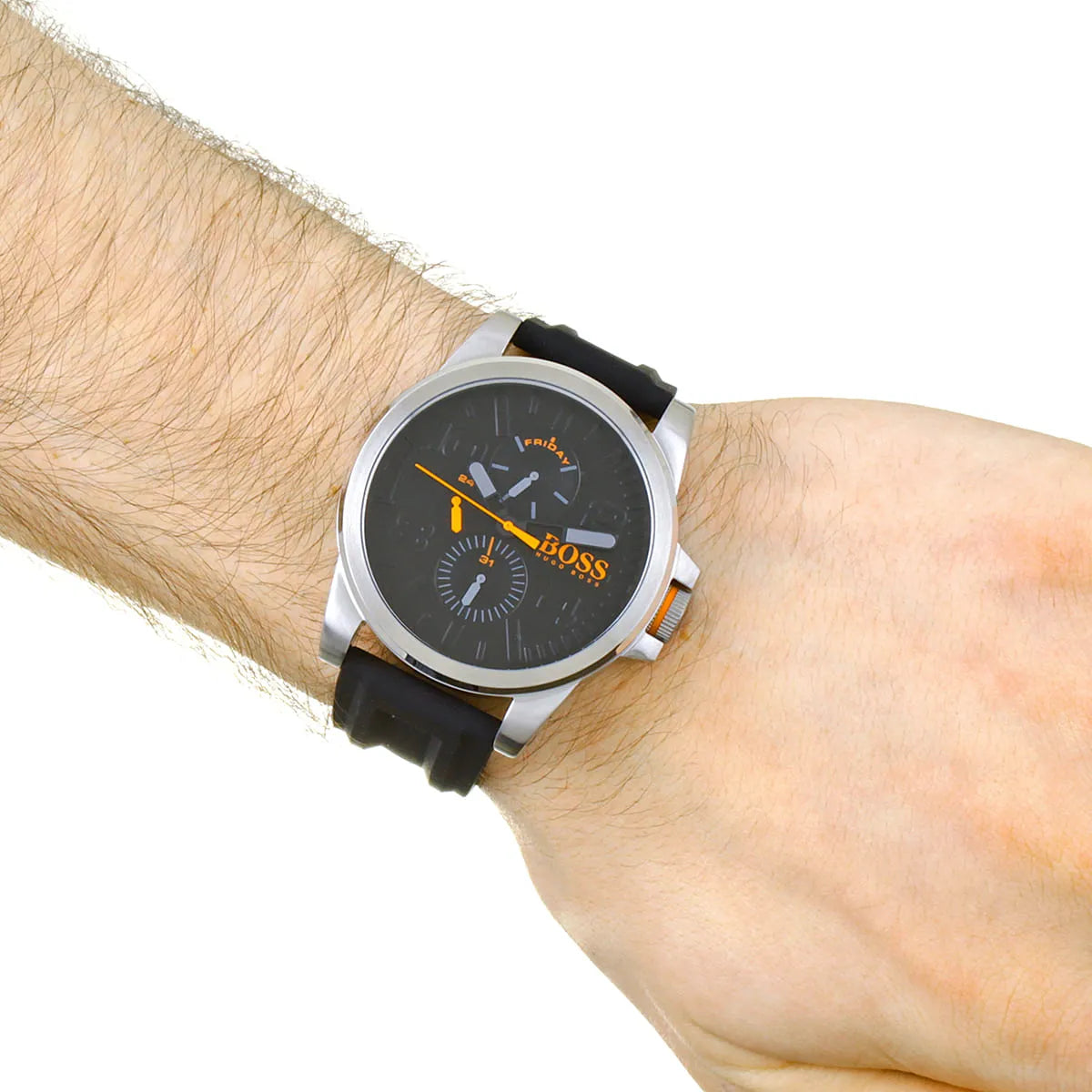 Hugo Boss Detroit watch worn on wrist showing black dial and rubber strap