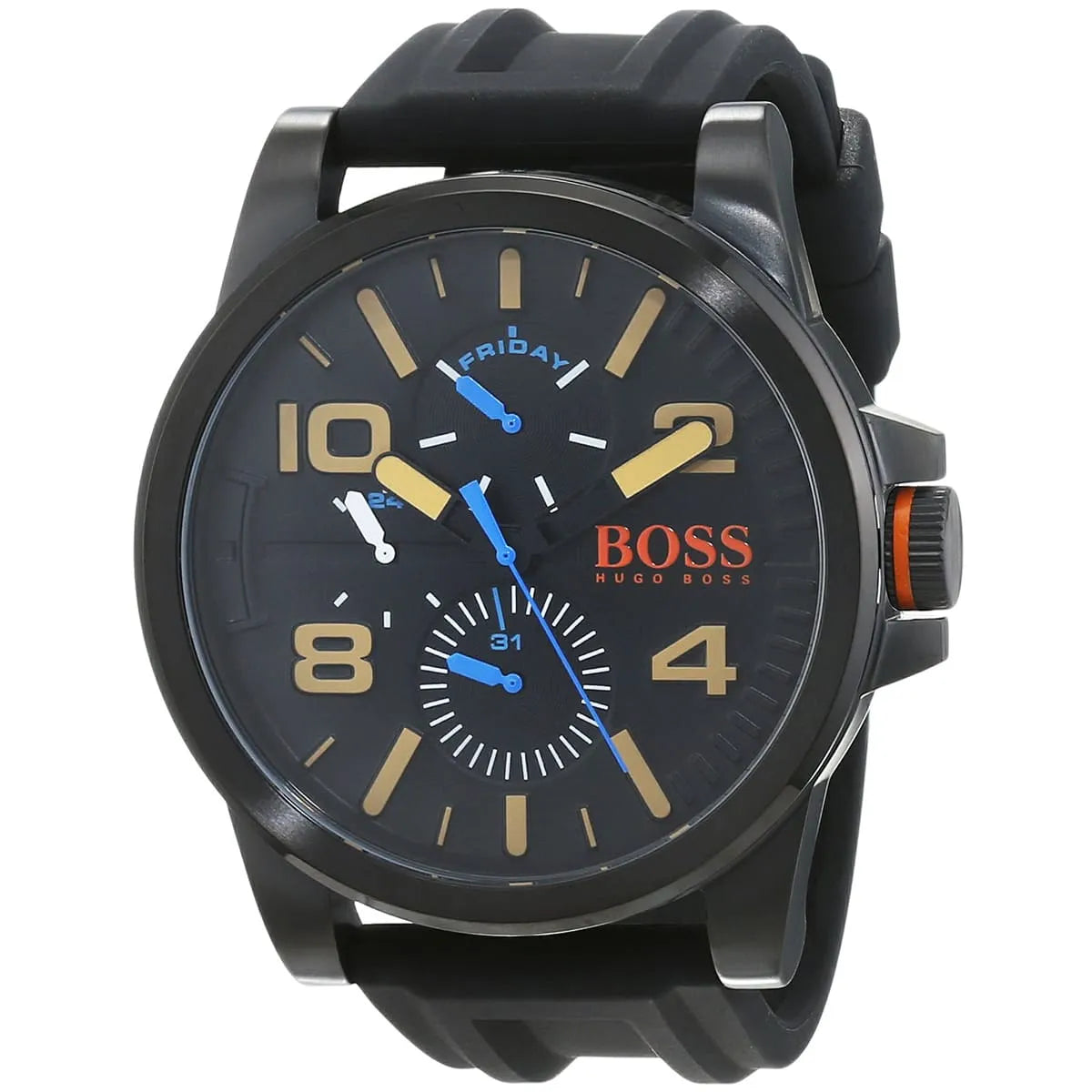 Hugo Boss Detroit watch angled view showing dial and rubber strap details
