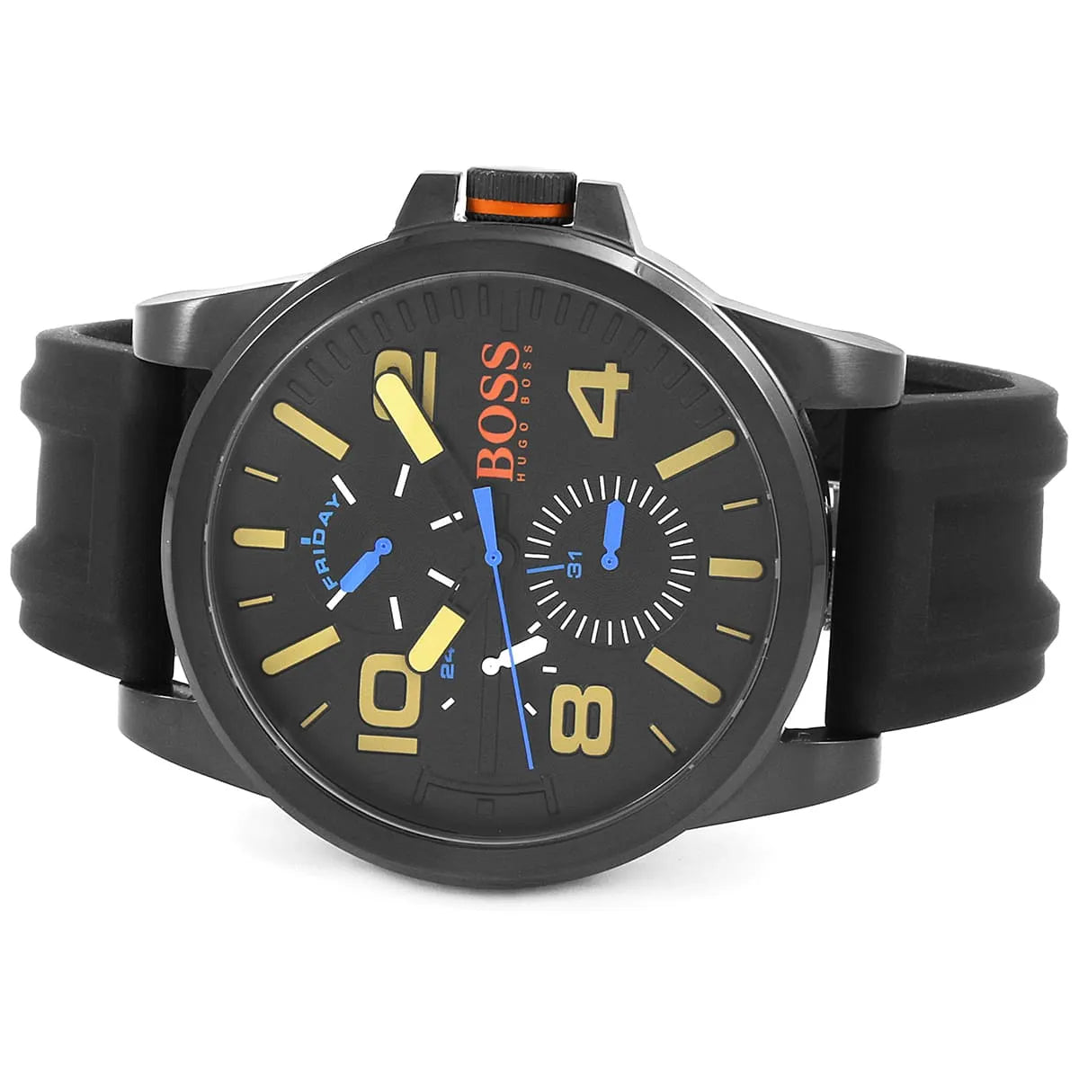 Hugo Boss Detroit analog watch displayed showing chronograph subdials and black rubber strap