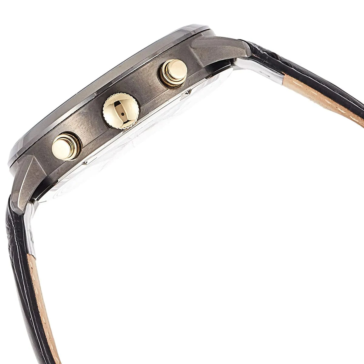 Side profile of Tommy Hilfiger Liam watch showing chronograph pushers, case edge, and black leather strap