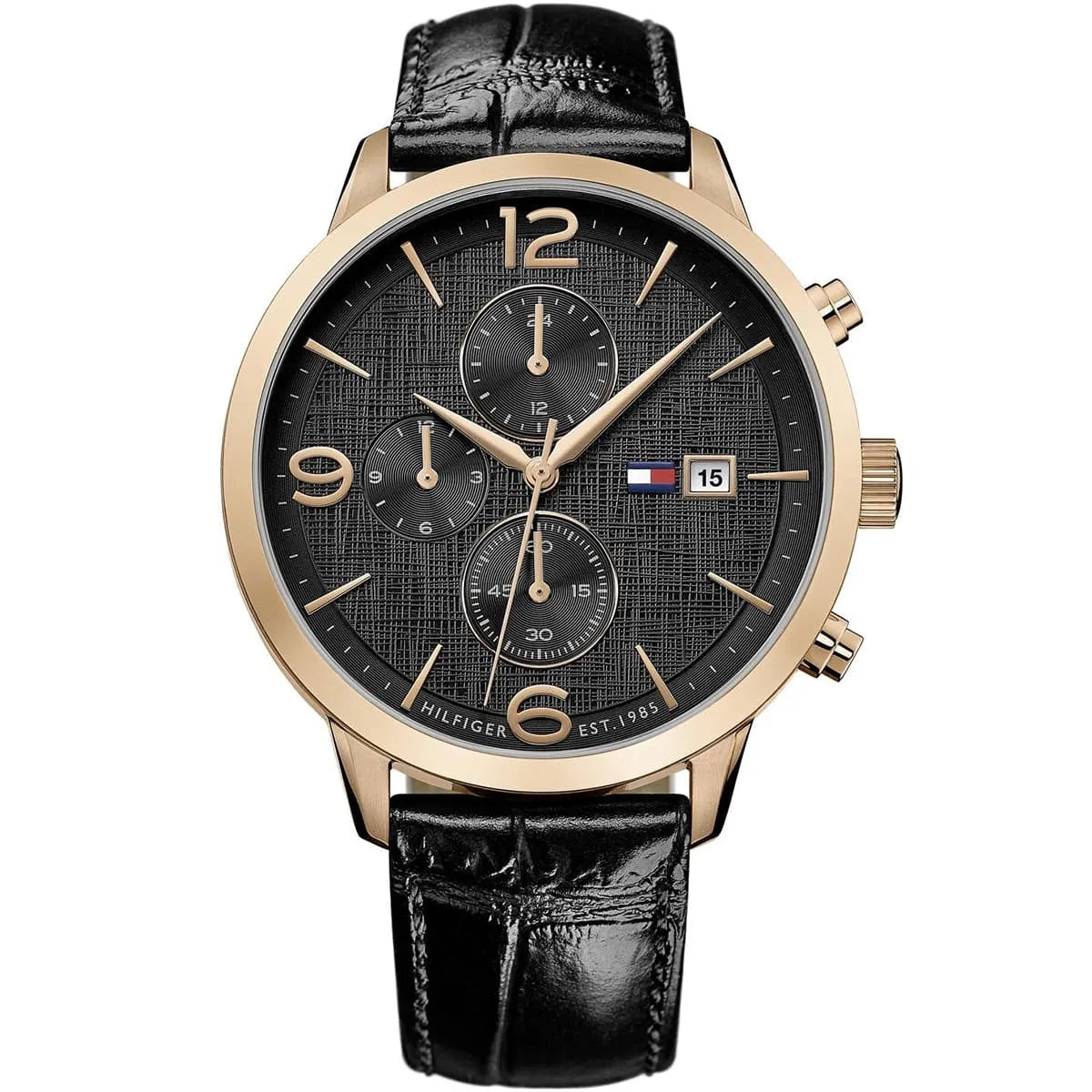 Tommy Hilfiger men's chronograph watch with black dial, rose gold case, and black leather strap