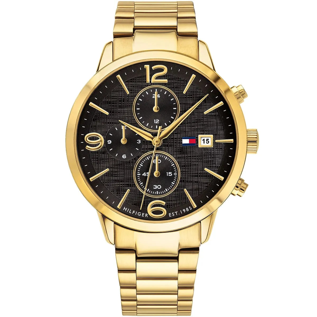 Tommy Hilfiger Liam gold chronograph watch with black dial and gold bracelet