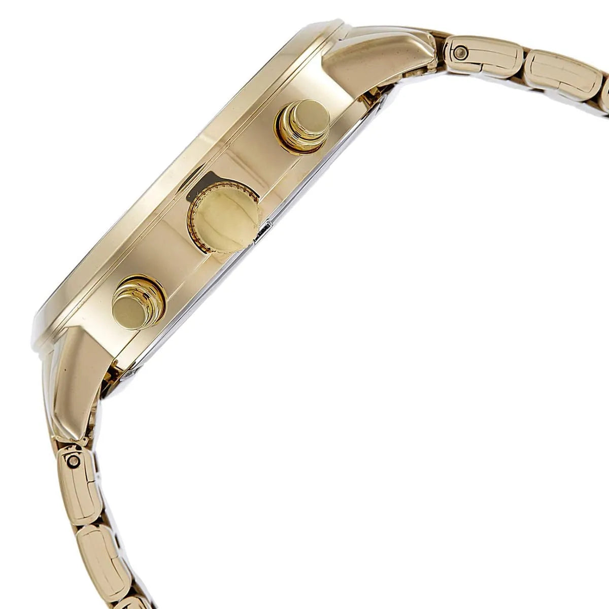 Tommy Hilfiger Liam watch side profile showing gold case and pushers
