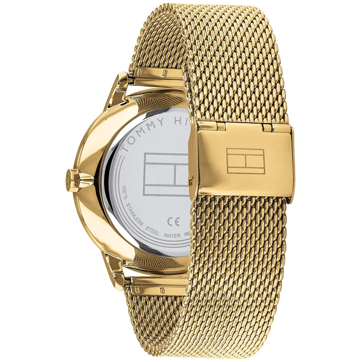 Angled view of Tommy Hilfiger watch with black dial, gold case and mesh strap