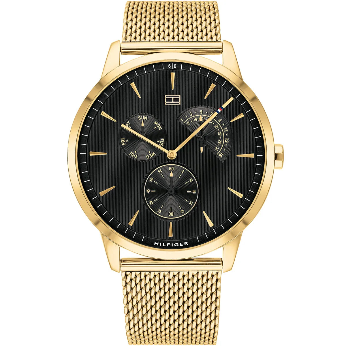 Tommy Hilfiger 44mm watch with black dial, gold-tone case and mesh strap