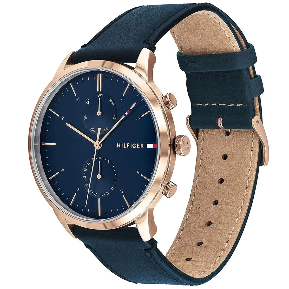 Tommy Hilfiger Hunter watch angle view showing rose gold case and navy leather strap with tan interior