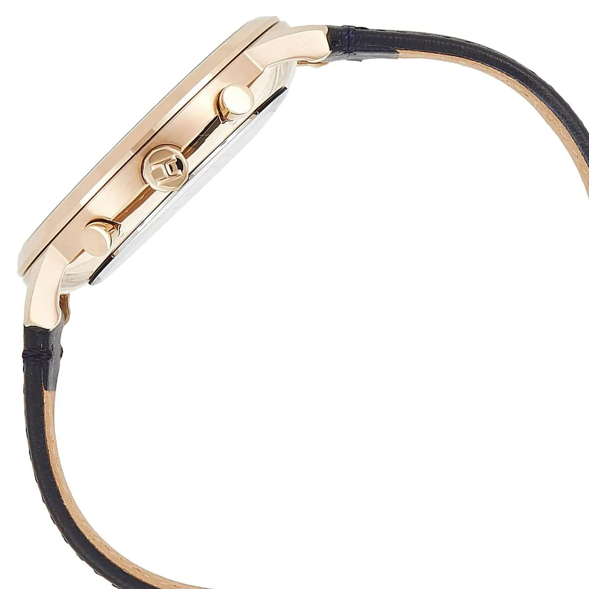 Tommy Hilfiger Hunter watch side profile showing rose gold case thickness and crown details