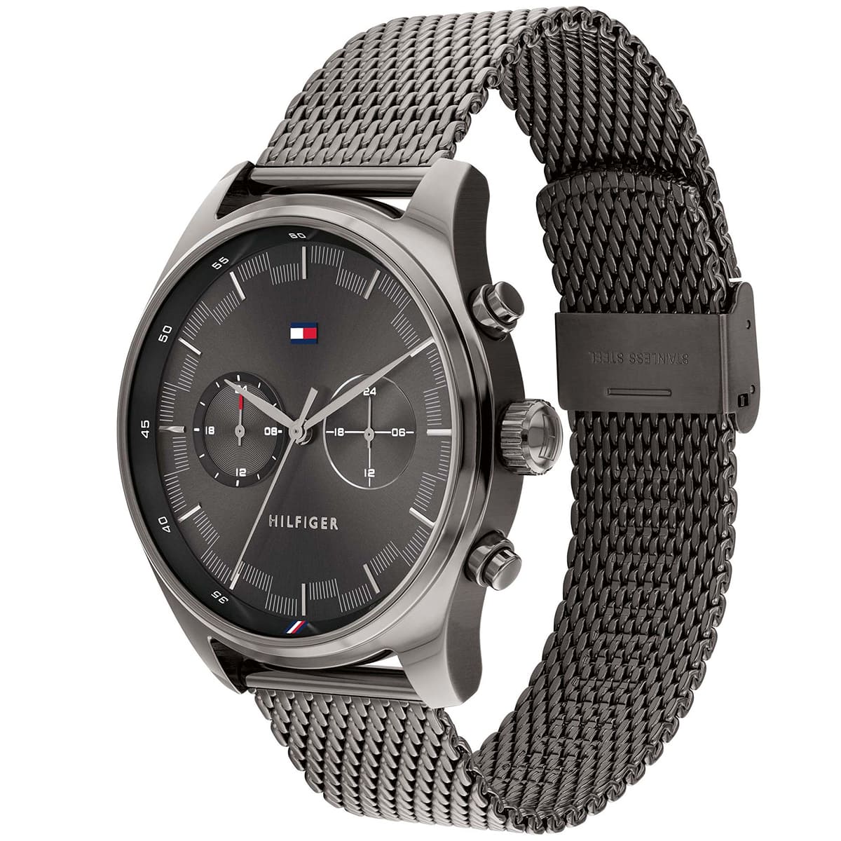 Tommy Hilfiger Sawyer watch angled view showing grey mesh strap and dual time subdials