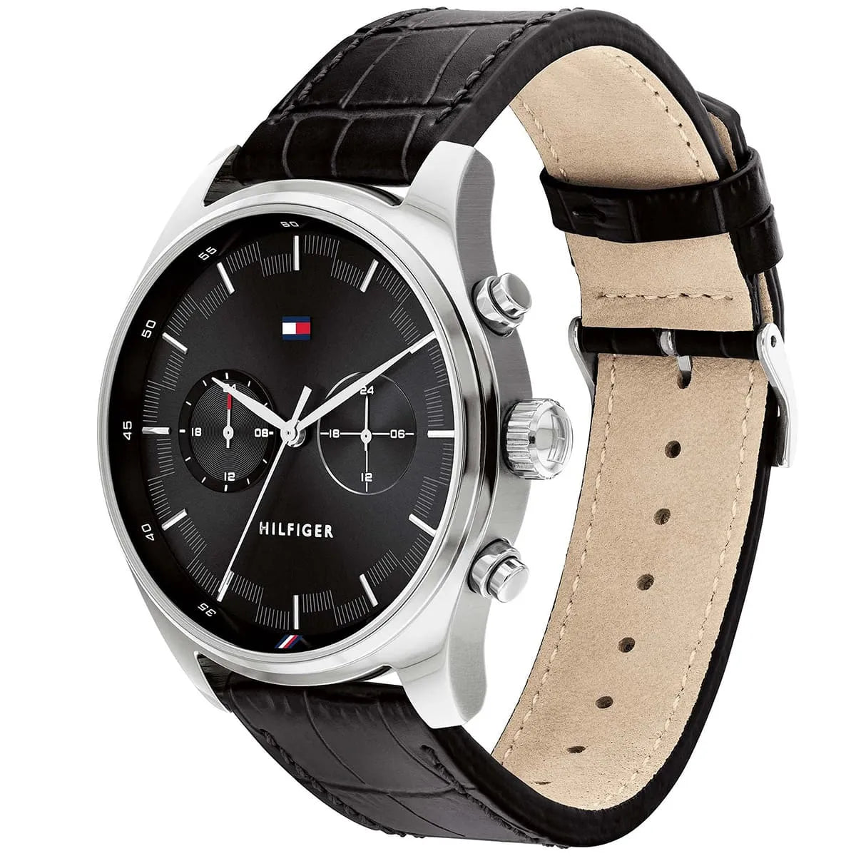 Tommy Hilfiger watch showing black croc-embossed leather strap and silver case from angle