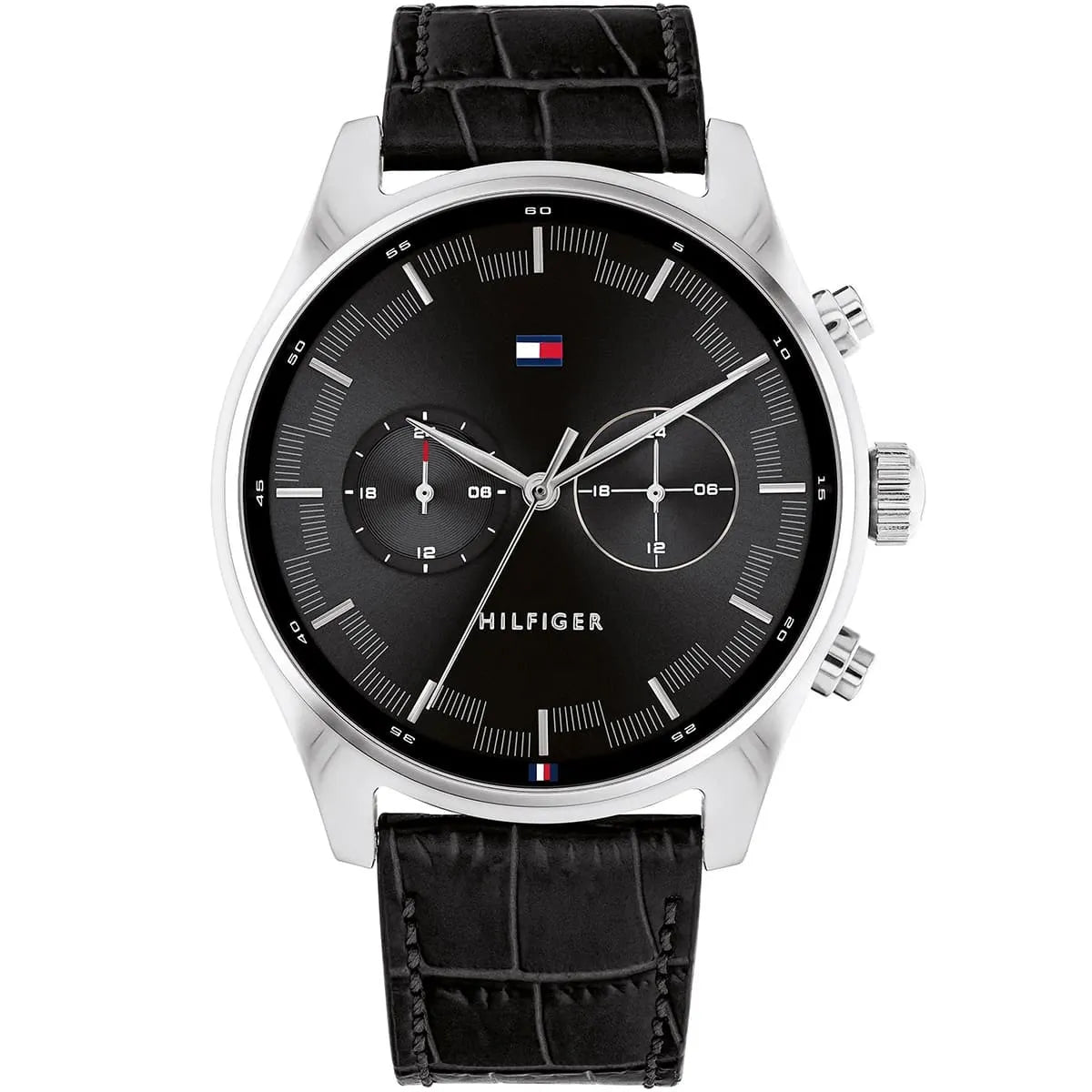 Tommy Hilfiger black dial leather strap watch with dual-time chronograph subdials