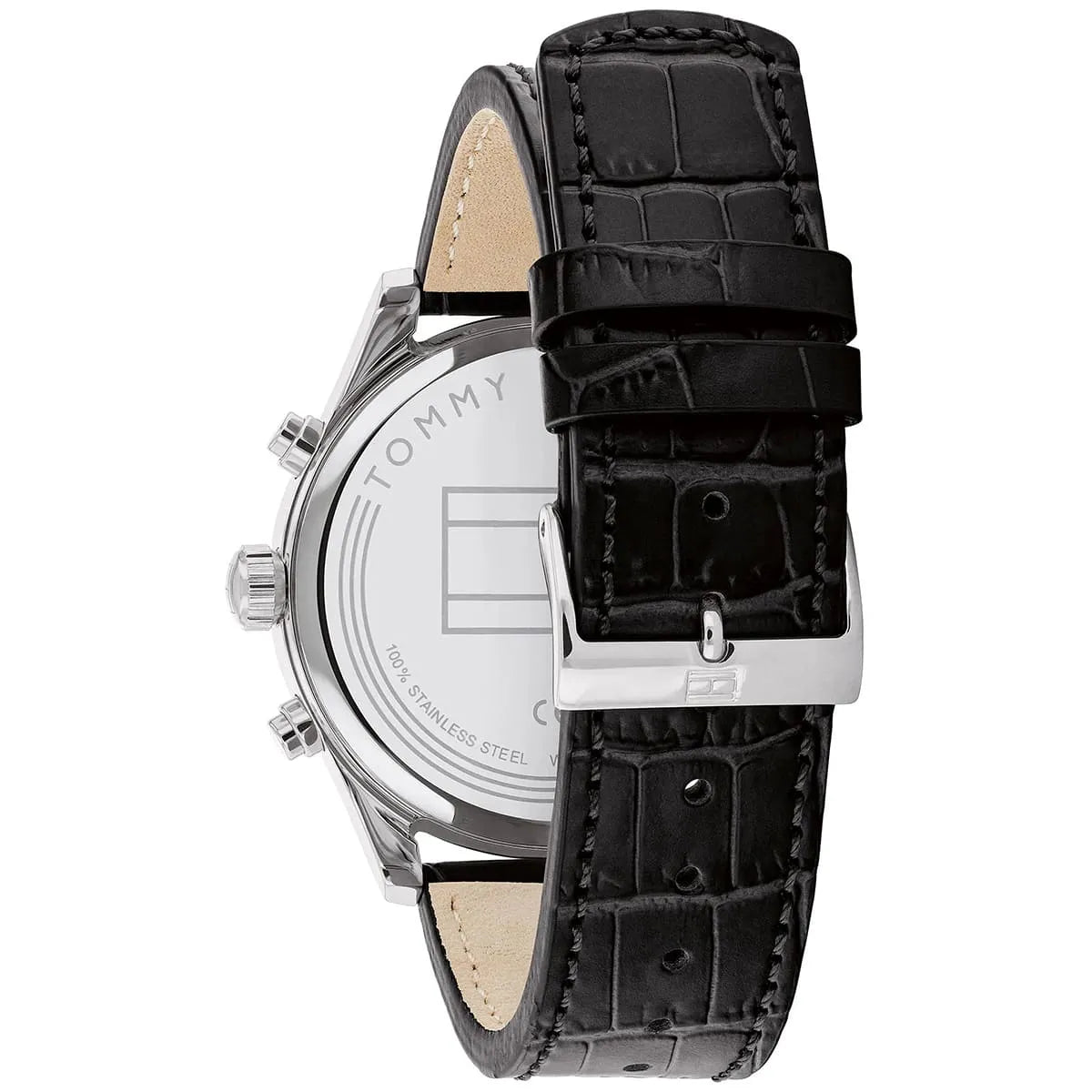 Tommy Hilfiger watch caseback showing stainless steel case with croc-embossed leather strap