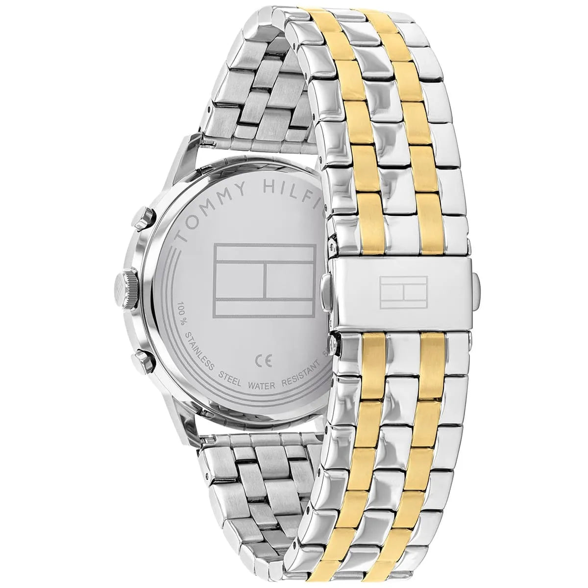 Stainless steel case back with Tommy Hilfiger branding and two-tone bracelet visible