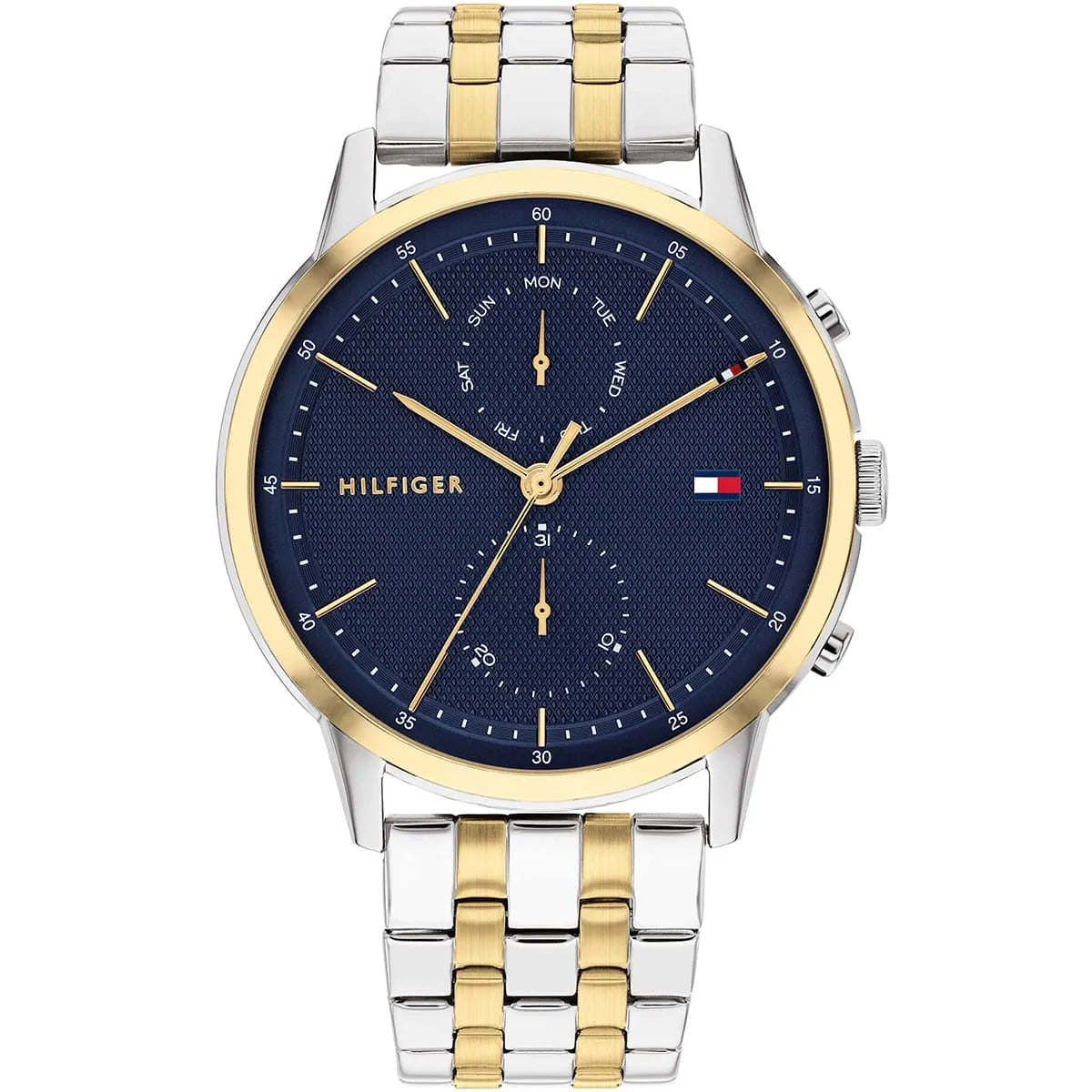 Tommy Hilfiger 1710432 men's watch with two-tone steel and gold case, navy blue dial, and chronograph subdials