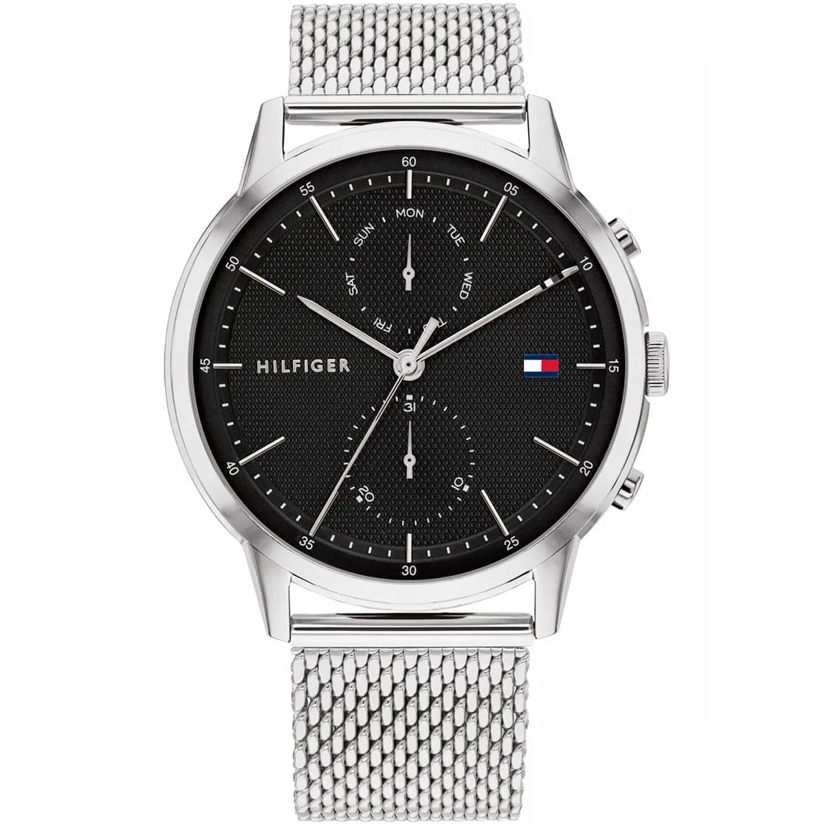 Tommy Hilfiger 1710433 men's watch with black dial and silver mesh strap
