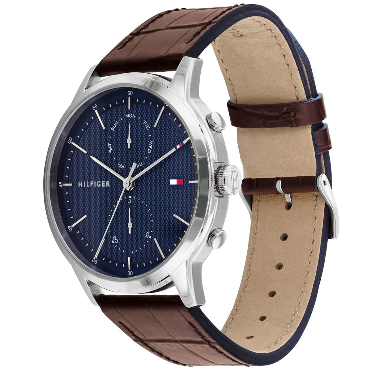 Side angle view showing brown crocodile-textured leather strap and silver case