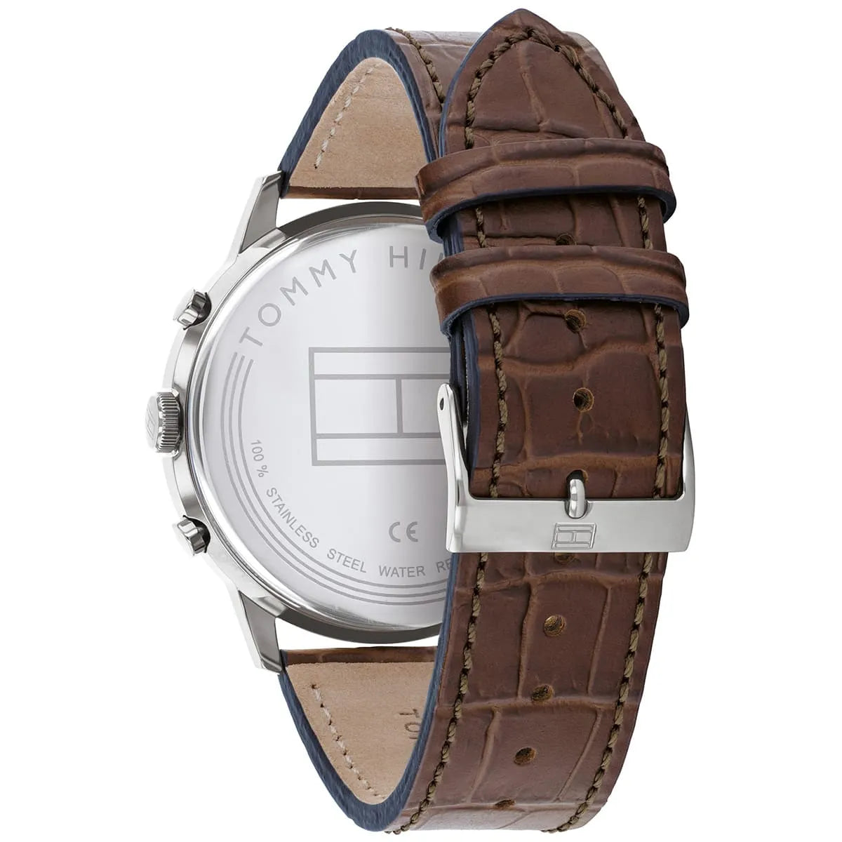 Stainless steel caseback with Tommy Hilfiger branding and water resistance marking