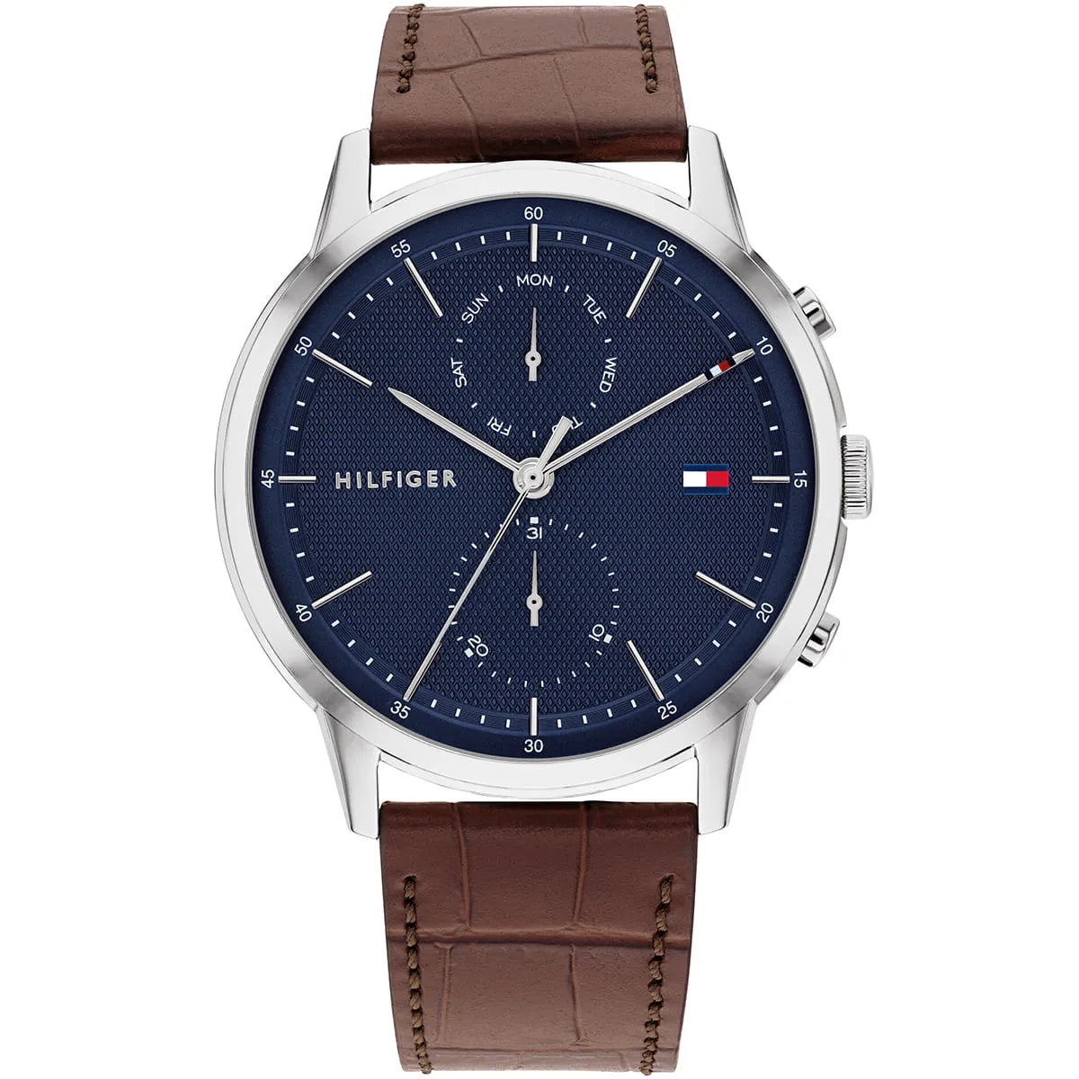Tommy Hilfiger watch with navy blue dial, silver case, and brown leather strap