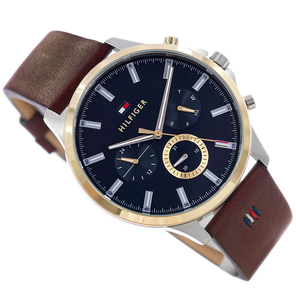 Tommy Hilfiger Ryder multifunction watch at angle on white background