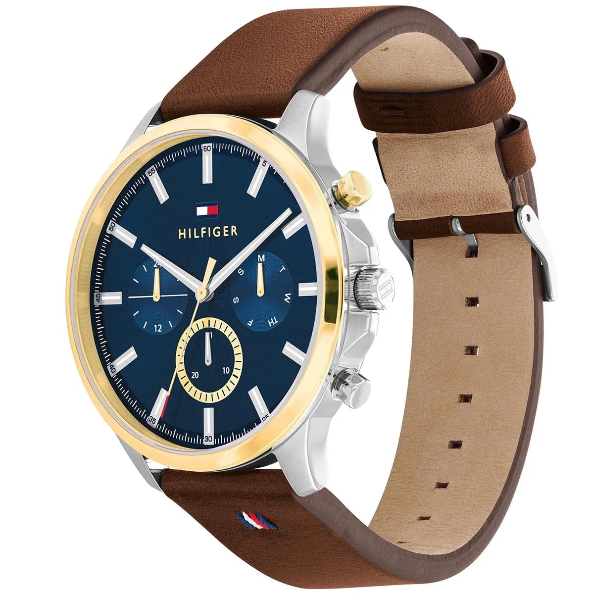 Tommy Hilfiger Ryder watch angled view showing blue dial and brown leather strap