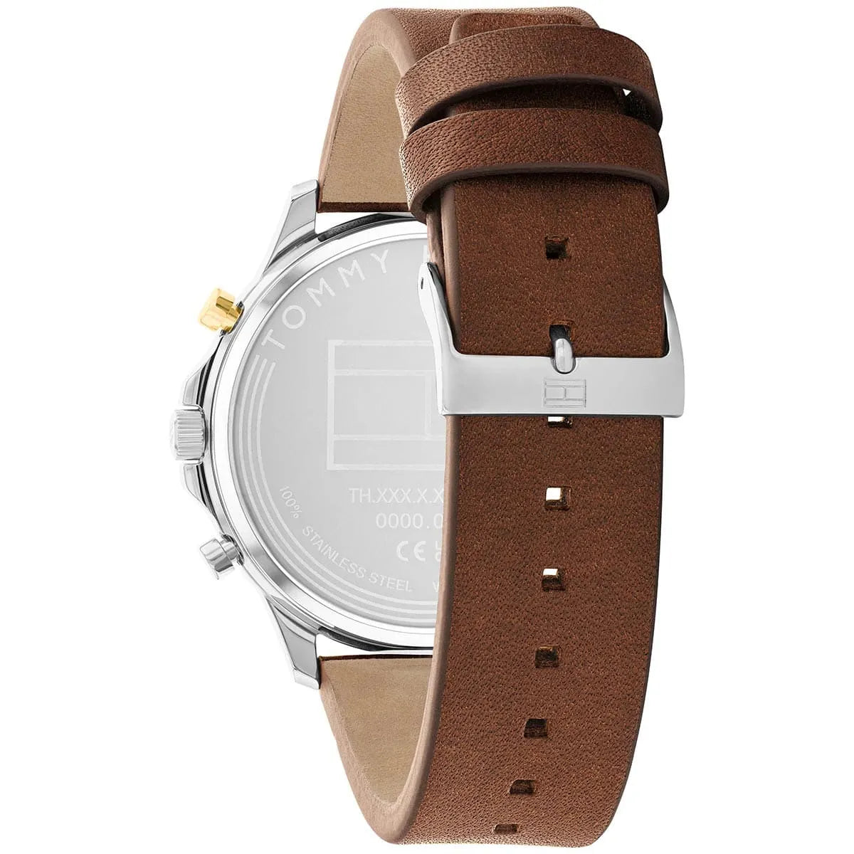 Tommy Hilfiger Ryder watch caseback and brown leather strap side view