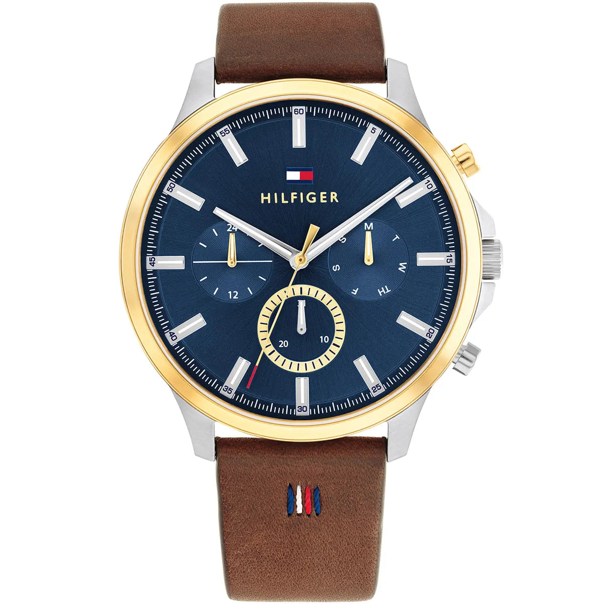 Tommy Hilfiger Ryder multifunction watch with blue dial, gold bezel, brown leather strap