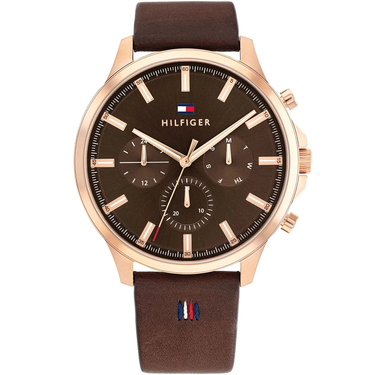 Tommy Hilfiger Ryder chronograph watch with brown dial, rose gold case, and brown leather strap