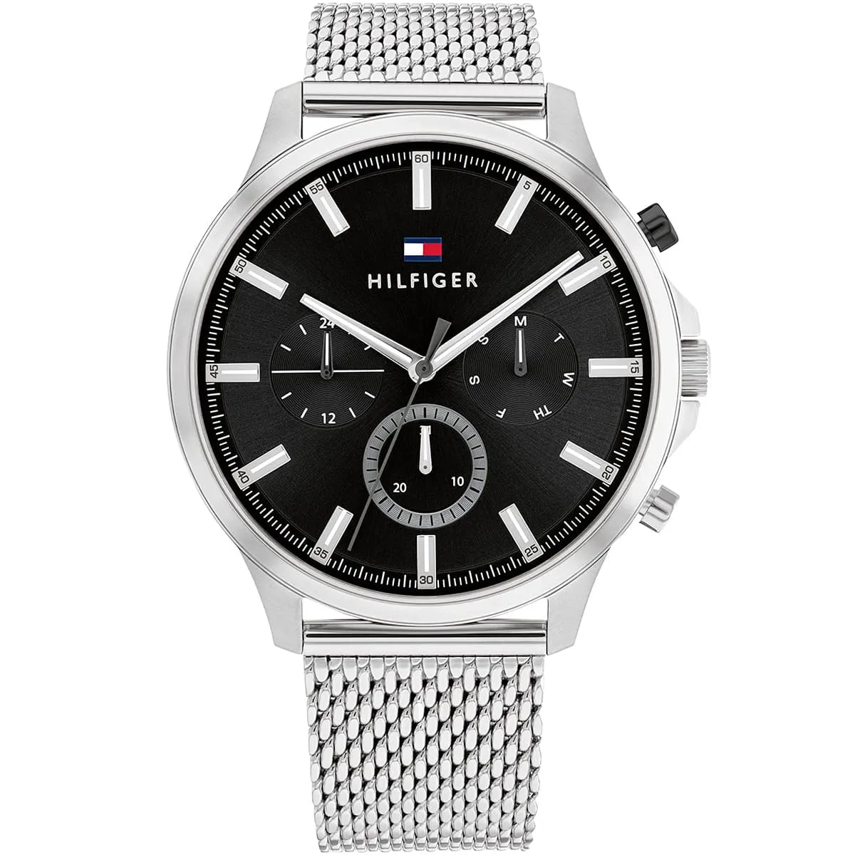Tommy Hilfiger Ryder watch with black dial, chronograph subdials, and silver mesh strap