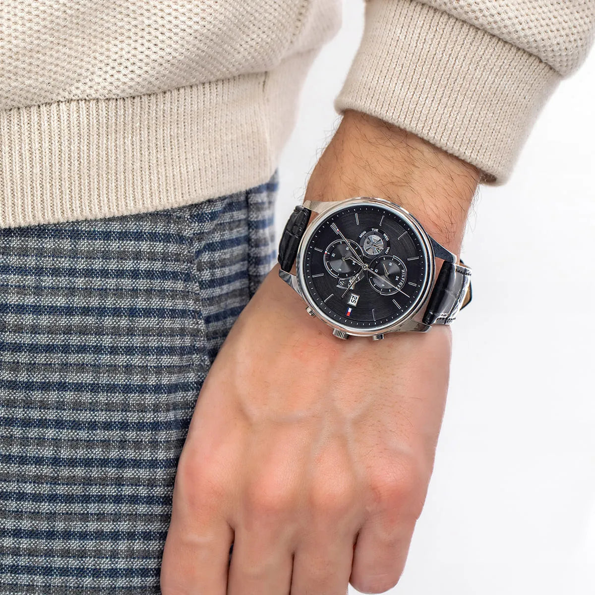 Tommy Hilfiger Black Multifunction Analog Black Leather Band Men's Watch - 1710502