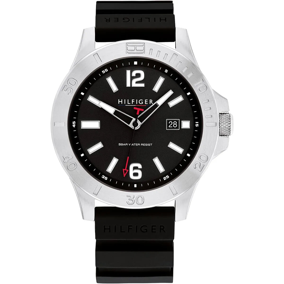 Tommy Hilfiger Ryan men's watch with black dial, white numerals, and black silicon strap