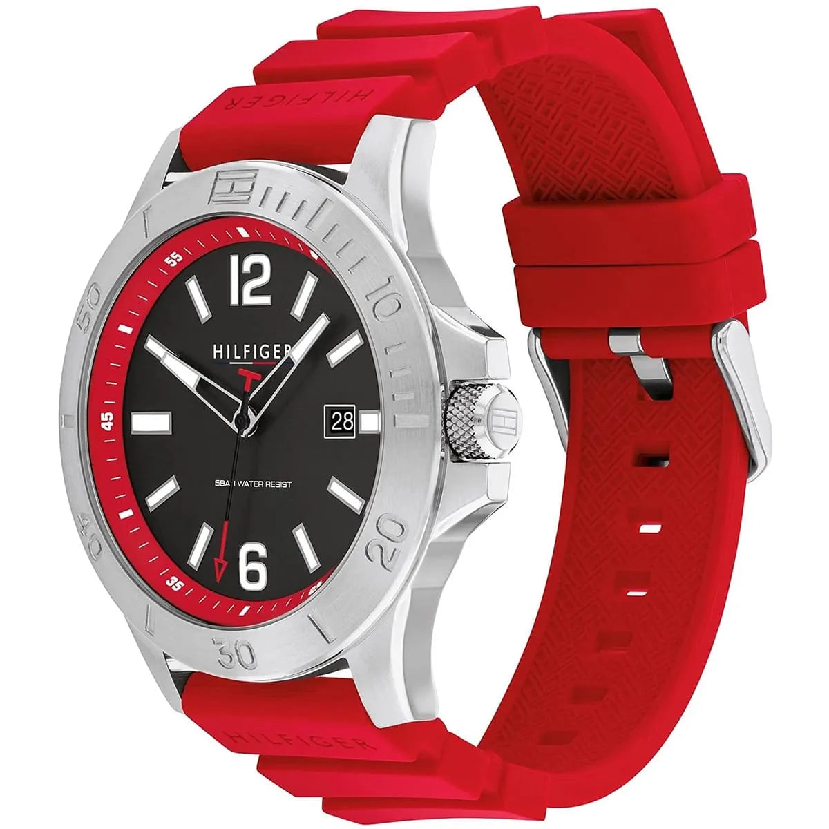 Tommy Hilfiger watch shown at angle with red silicone strap fully visible