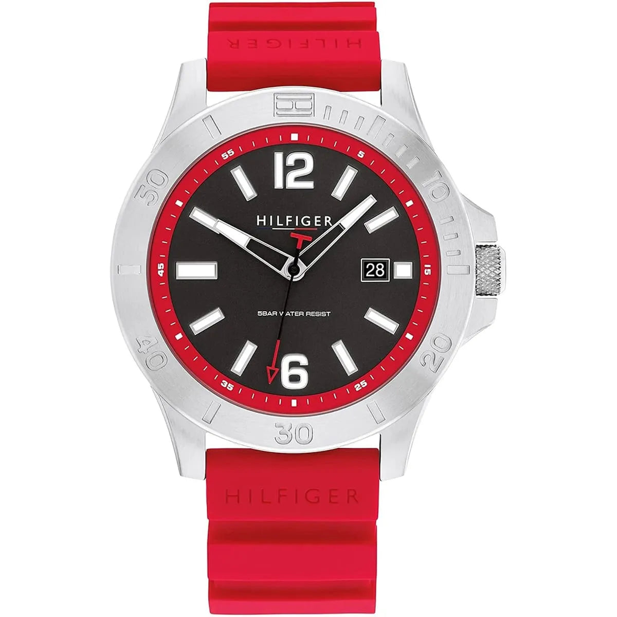 Tommy Hilfiger men's watch with black dial, red bezel and red silicone strap, 46mm case