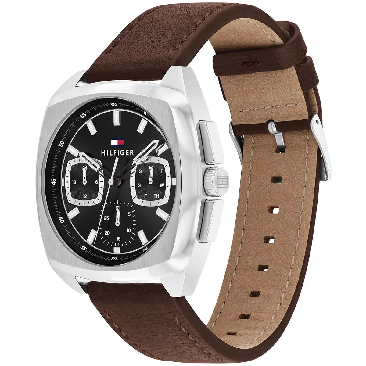 Tommy Hilfiger watch at angle showing white case, black dial with twin chronographs, and brown leather strap