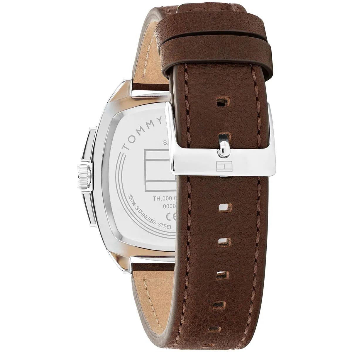 Side view of Tommy Hilfiger watch showing caseback details and brown leather strap attachment