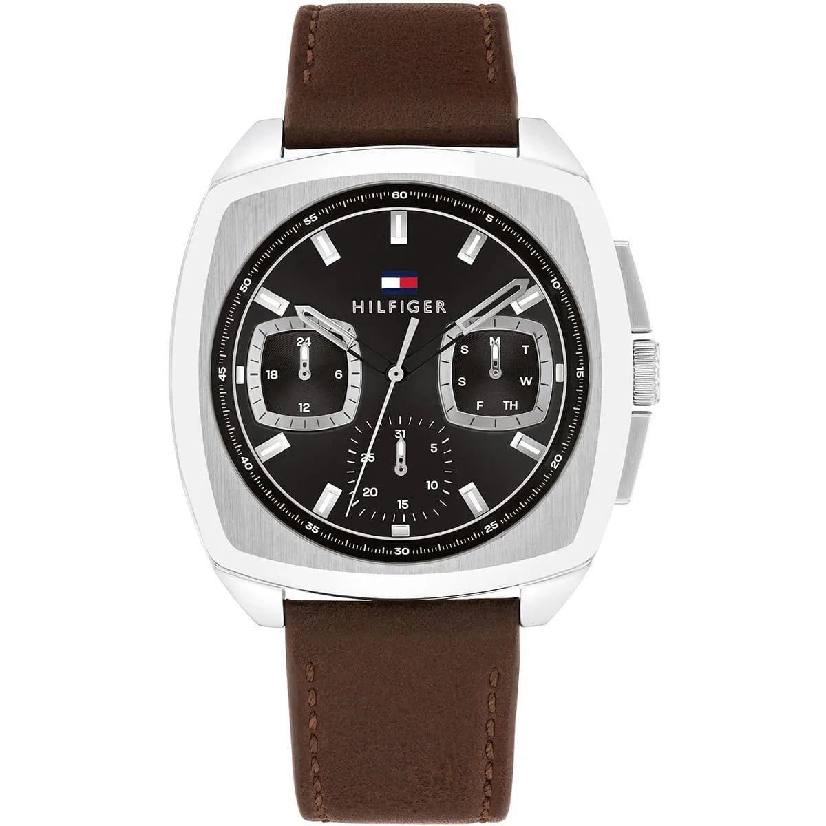 Tommy Hilfiger men's watch with square white case, black dial with chronograph subdials, and brown leather strap