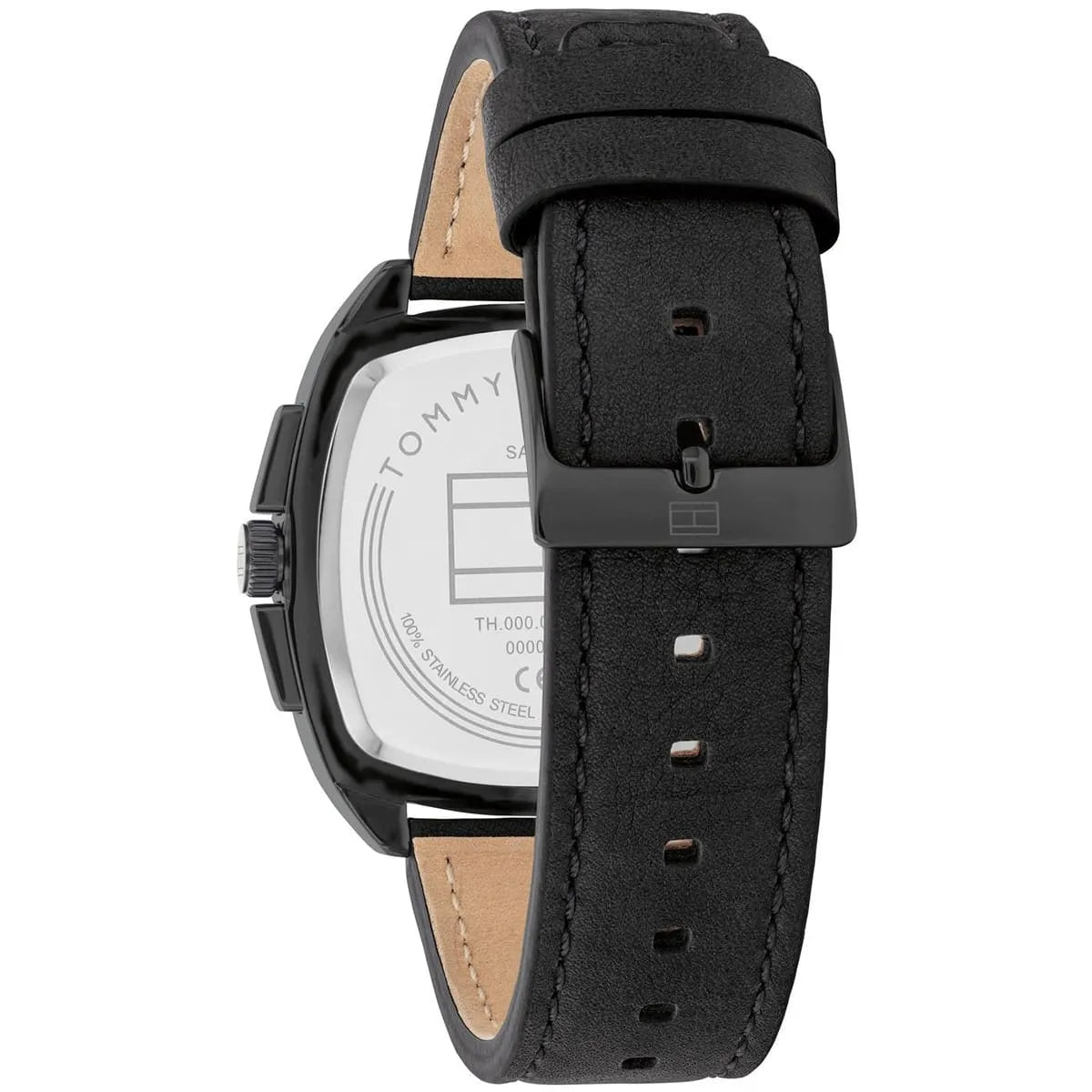 Tommy Hilfiger watch caseback revealing stainless steel case and leather strap construction