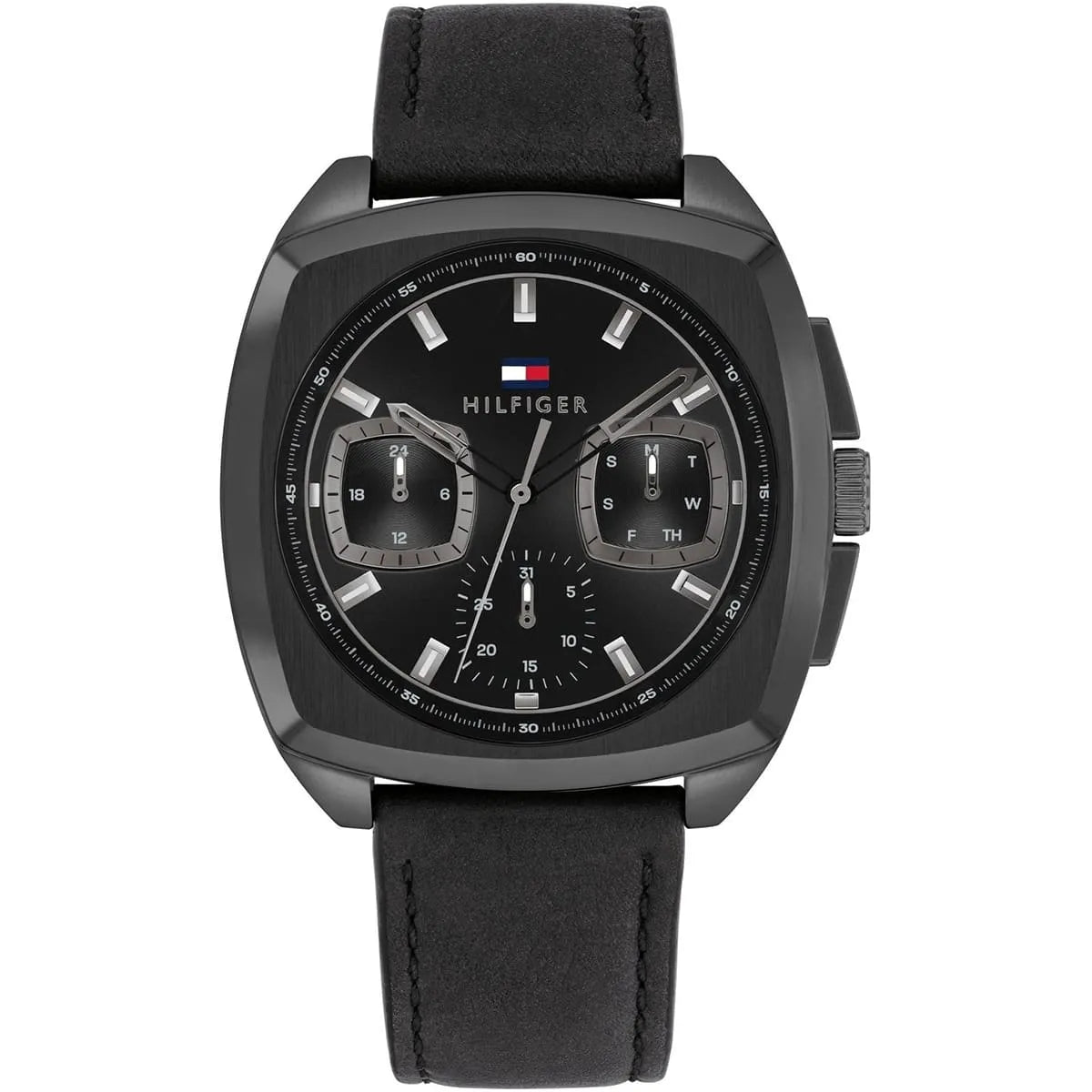 Tommy Hilfiger black dial multifunction quartz watch with square case and black leather strap