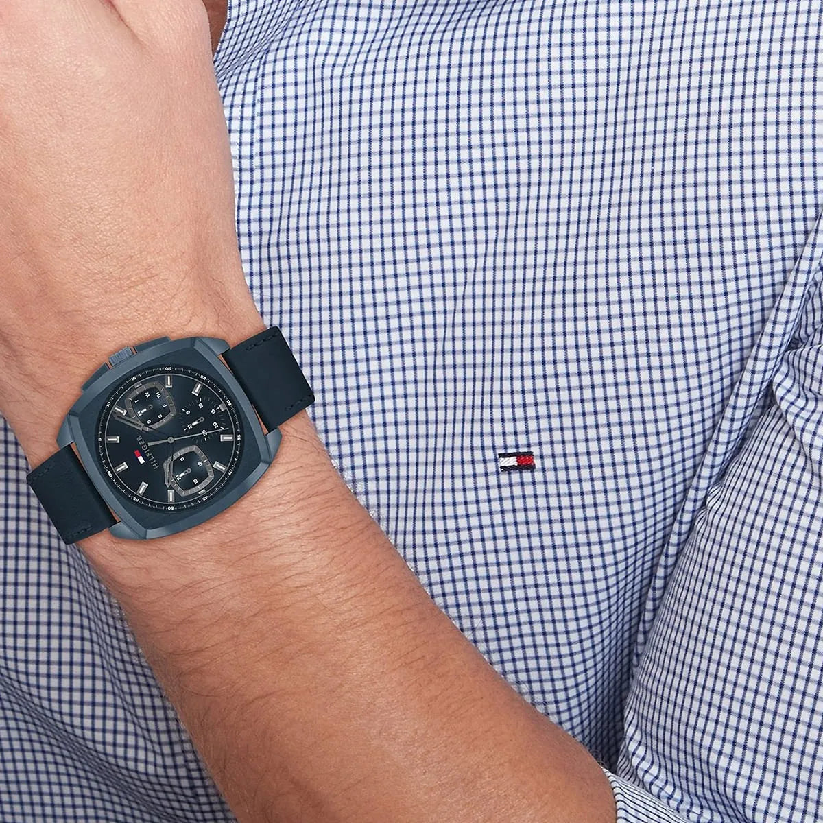Tommy Hilfiger Apollo watch worn on wrist with blue chronograph dial