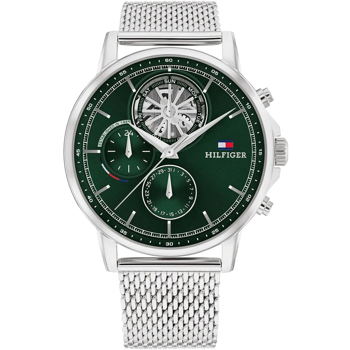 Tommy Hilfiger men's watch with green dial, chronograph subdials, silver stainless steel mesh strap