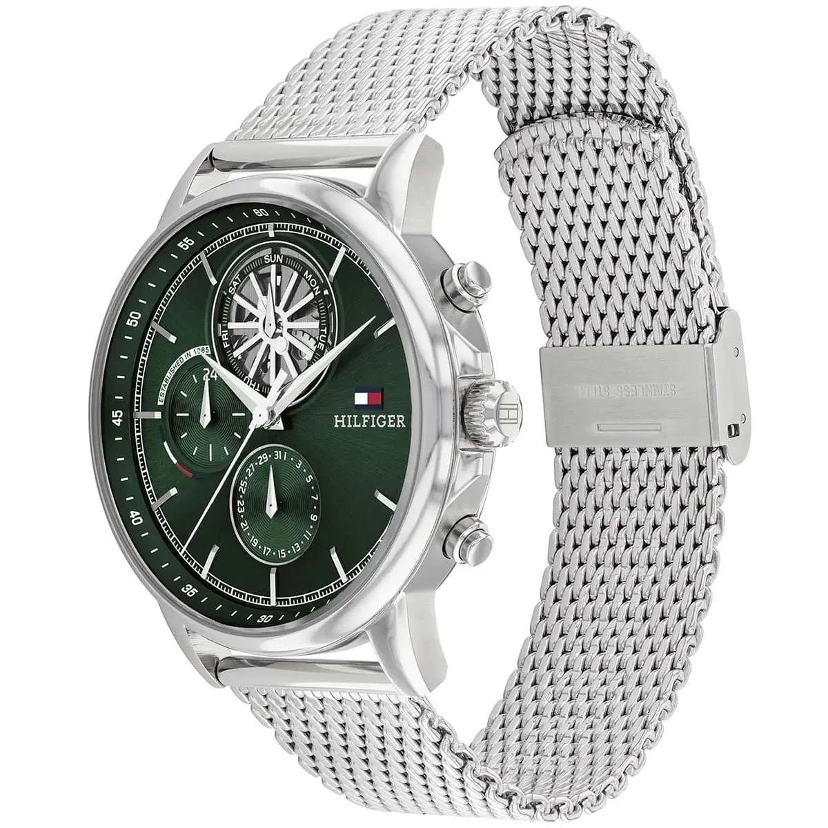 Angled view of Tommy Hilfiger watch showing green dial and silver mesh strap with fold clasp