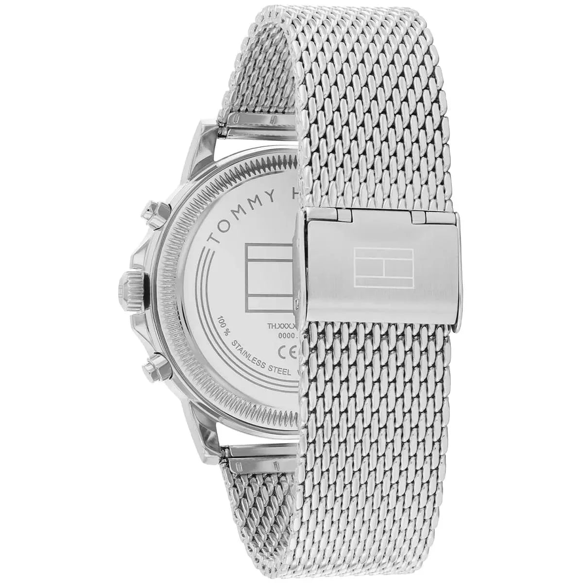 Side view of Tommy Hilfiger watch case and silver mesh band with buckle closure