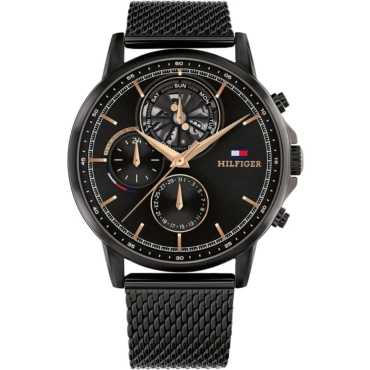 Tommy Hilfiger Stewart chronograph watch with black dial, rose gold hands, and black mesh strap