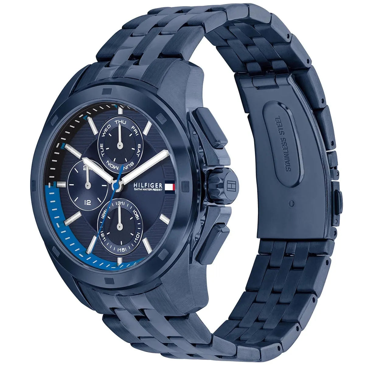 Side and front view of Damon chronograph watch showing navy stainless steel bracelet and case
